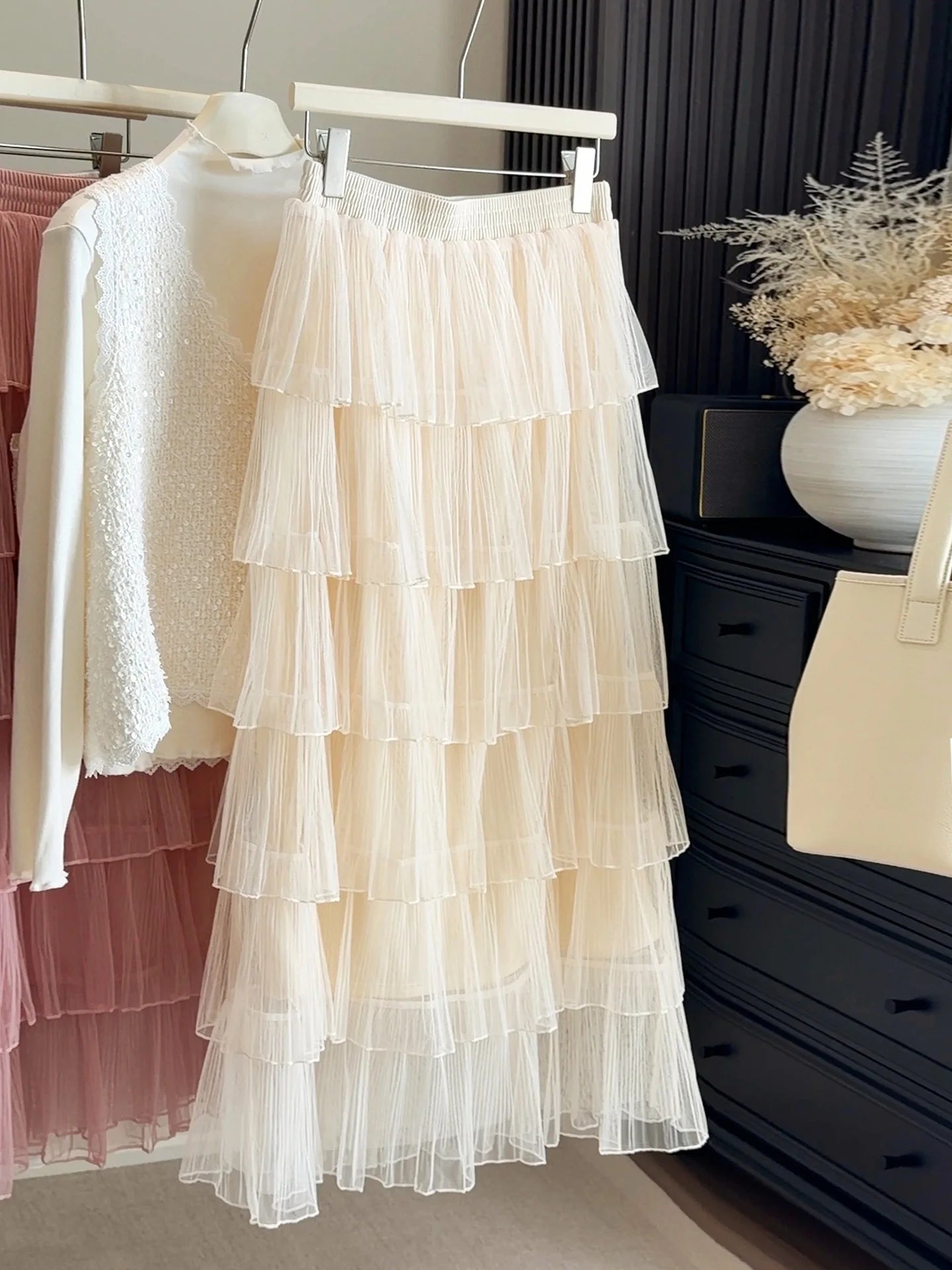Seoulish Korean Style Layered Mesh Cake Midi Skirt 2026 Spring Women High Waist Elegant Tulle Skirt Female Long Skirts Party