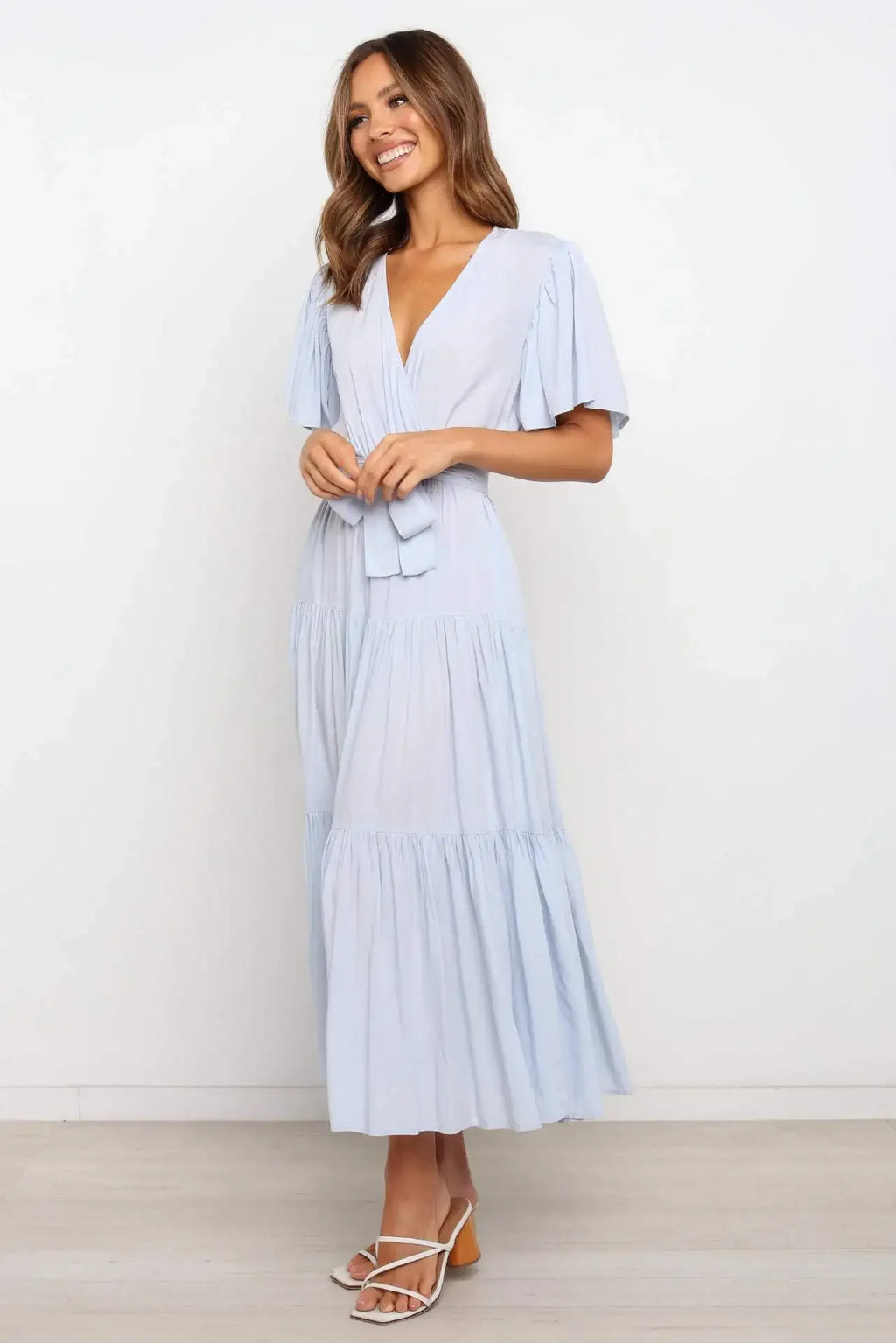 Summer Bohemian Long Dress Pure Color V-Neck Short Sleeve Empire Waist Design Floor Length with Belt Loose Fit Women's Dress