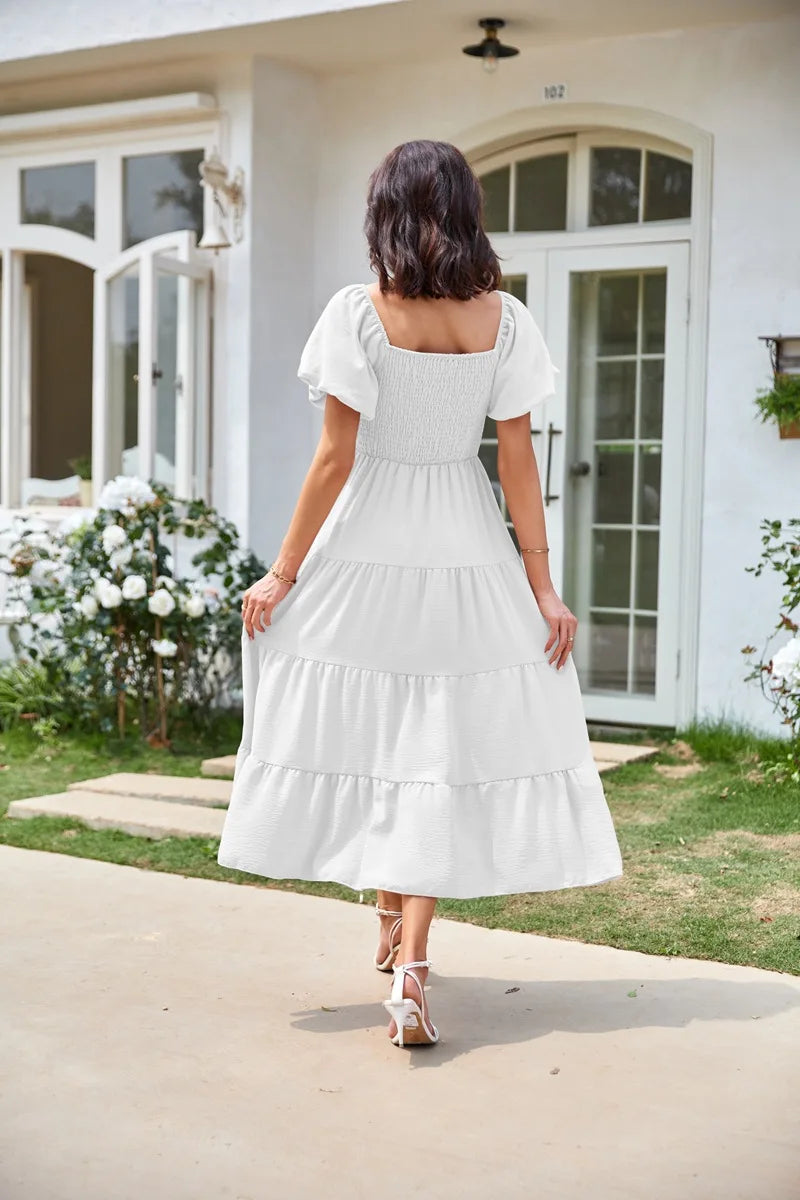 2026 Spring Summer Elegant Women's Long Dress Fashionable Solid Color Square Neck Puff Sleeve Pleated Slim Fit Loose Hem Dress