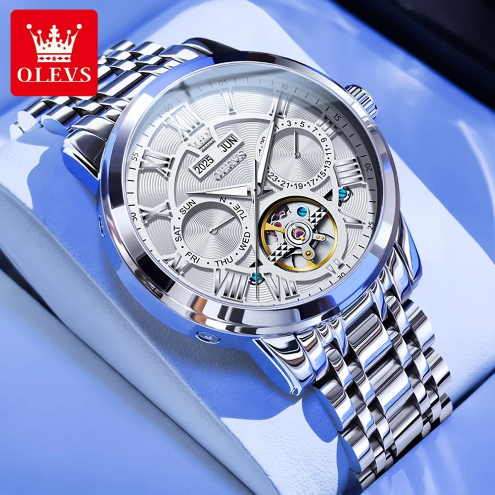 OLEVS 6668 Original Men's Watch Multifunctional Skeleton Waterproof Stainless steel Strap Business Automatic Mechanical Watches