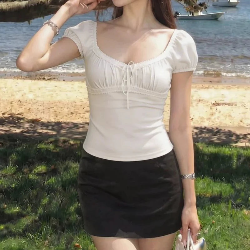 2000s Aesthetic Sweet Lace Short Top Women Lace Up T-shirt Short Sleeve Korean Fashion Female Tee Fairy Grunge Streetwear