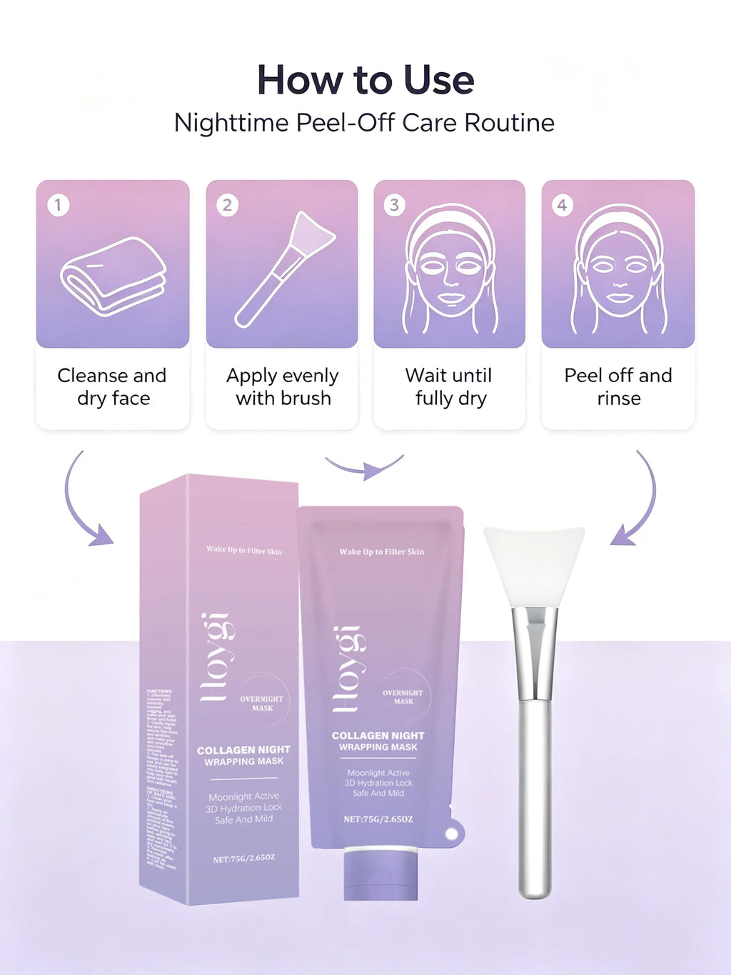 Collagen Night Wrapping Mask Firming Hydrating Glowing Skin Exfoliating Face Mask with Hyaluronic Acid for Deep Cleansing