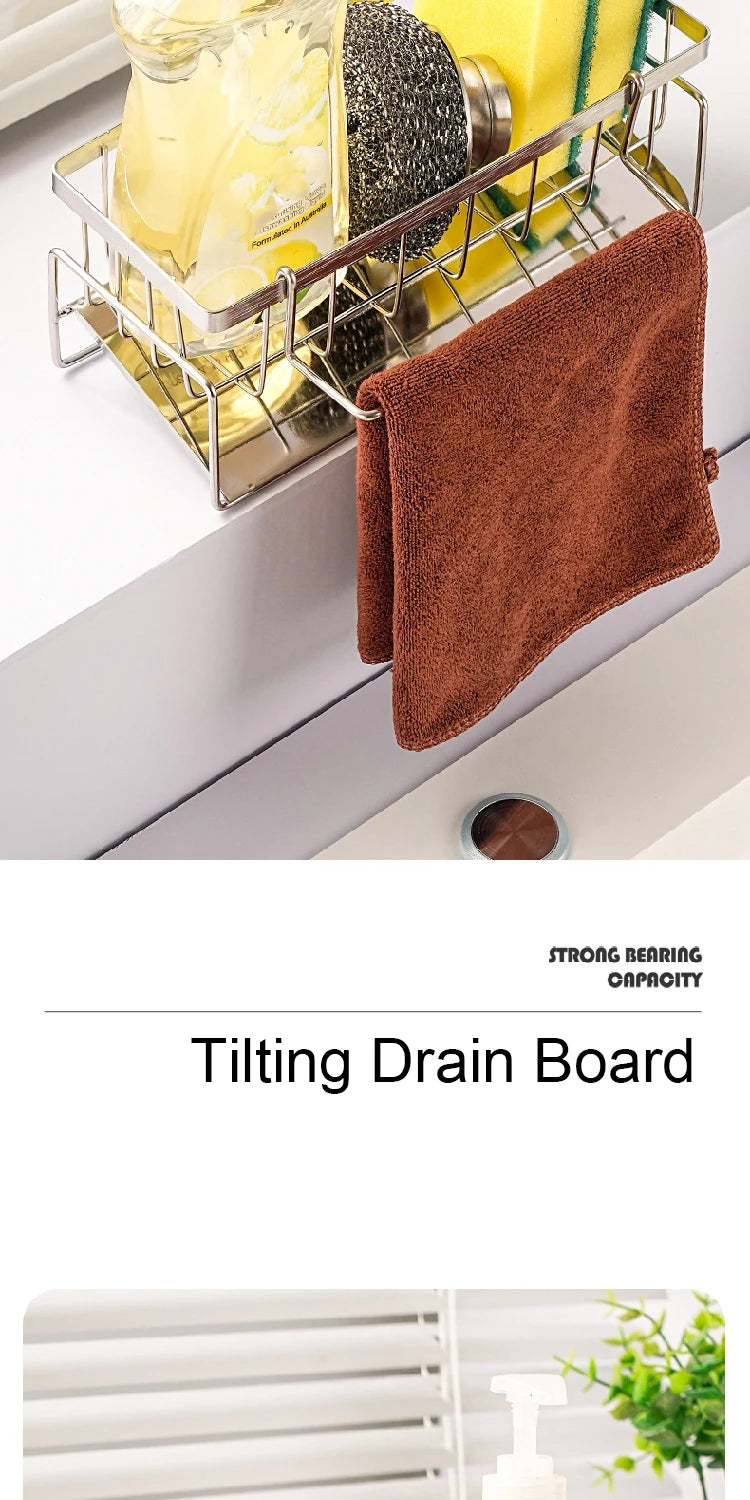 Rejilla de almacenamiento de herramientas de limpieza de fregadero, escurridor multifuncional de acero inoxidable para cocina, organizador de esponjas y detergentes, colgador de trapos