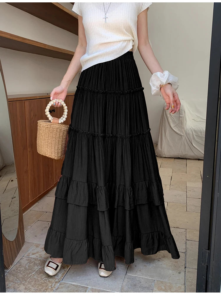 White Tiered Ruffle Hem Skirt 2025 - High Waist Flowy A-Line Maxi Skirt, Summer Chiffon Layered Skirt with Pleats