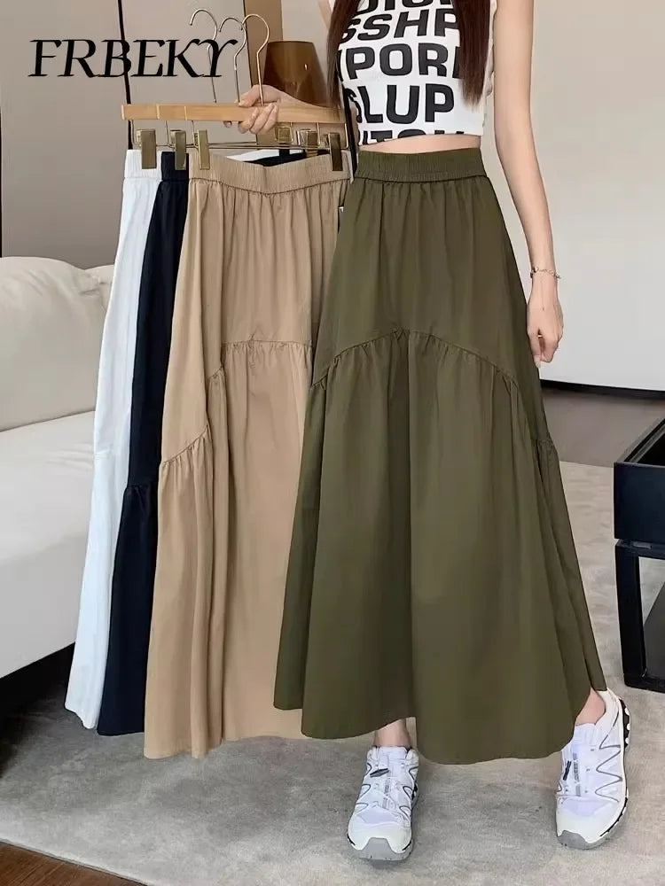 Elegant Women's Skirt Autumn New A-line Simple Fashion Solid Color Bustier Korean Pleated Splicing Elastic Waist Long Skirt