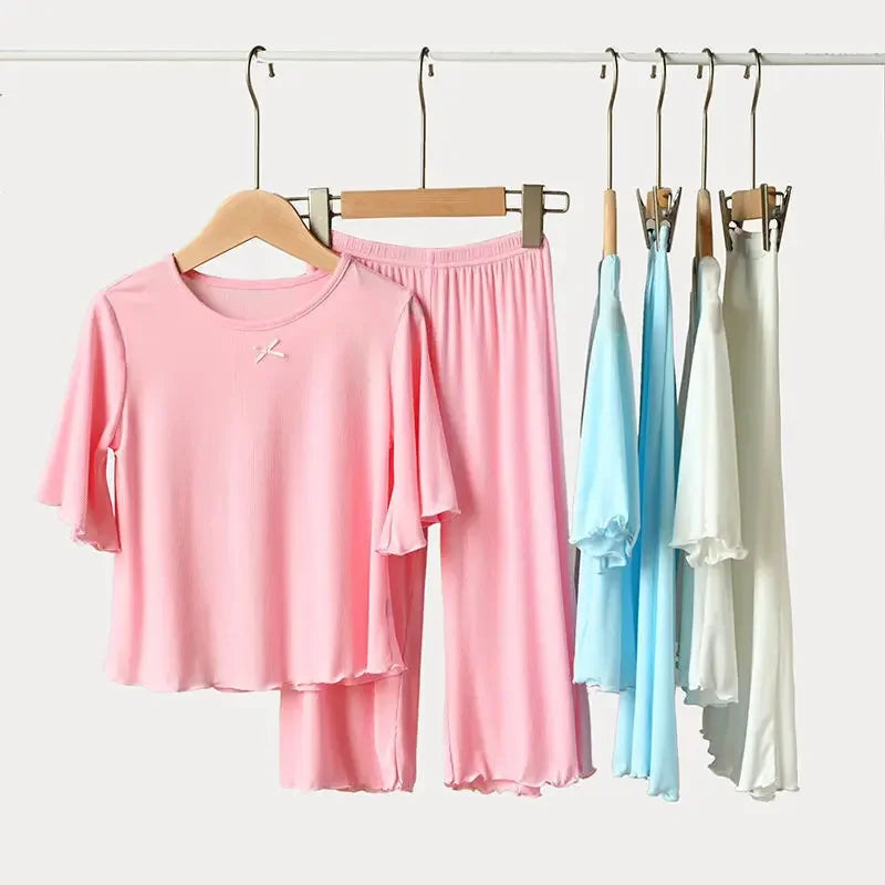 Sonkpuel Girls' 2-Piece Ice Silk Pajama Set - Short Sleeve Casual