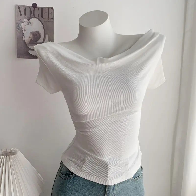 Summer Short Sleeve T-Shirt Shoulder Bared Open Neck Irregular Pleated Korean Style Slim Fit Pure Color Modal Fabric Ladies Top