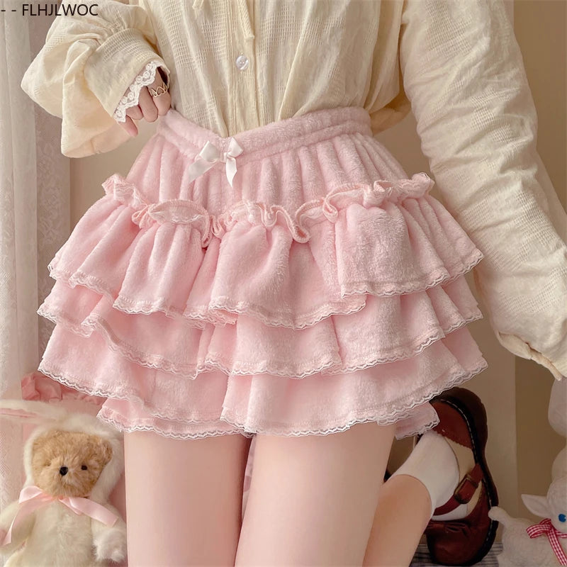 Autumn Velvet Bloomers Lolita Style Girls Cute Japan Sexy Lace Date Princess Pink Layer Puff Shorts Ruffles Lantern Small Pants