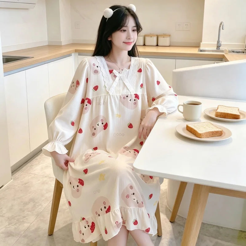 Kawaii Bear Strawberry Print Women Pajamas, Long Sleeve Lace Neck Loose Sleep Set, Casual Daily Home Loungewea