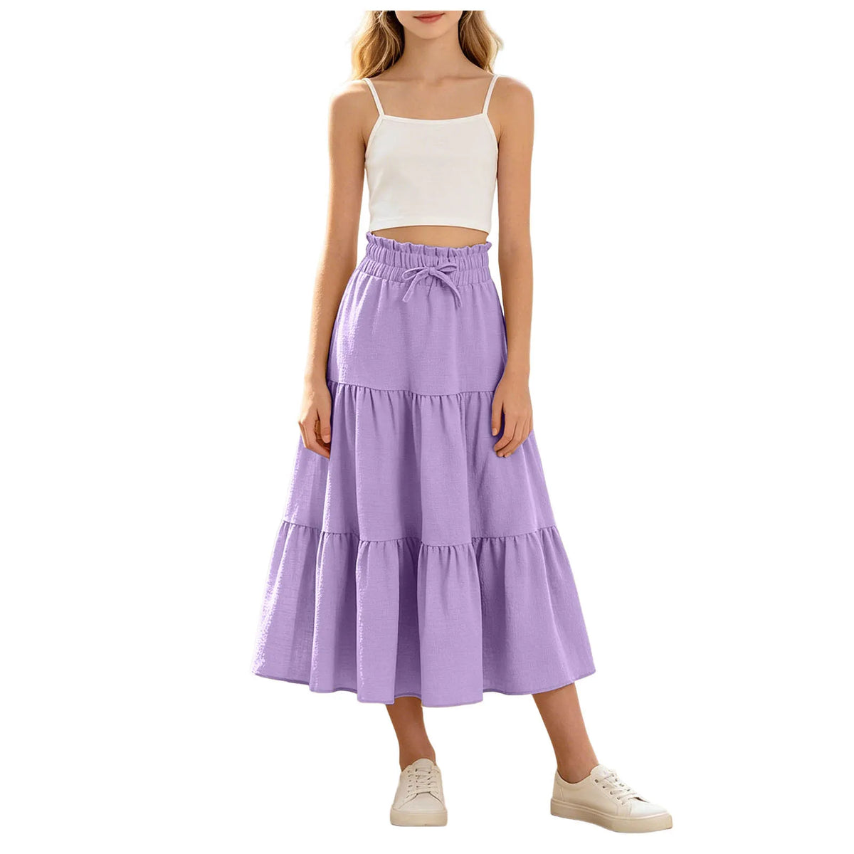 Kids Girls Boho Pleated Long Skirt Summer Solid Elastic Waist Lightweight Large Swing Skirt Casual Beach Holiday Vacation