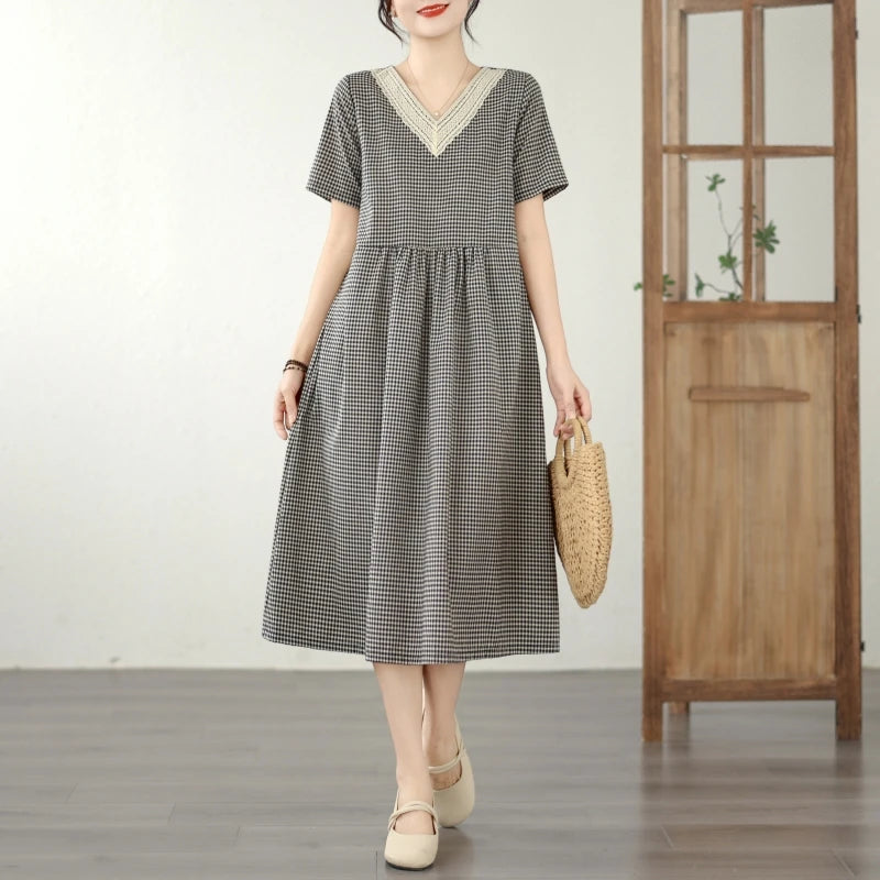 Retro Fashion Casual Plaid Dress Women Summer New V-neck Lace Splicing Loose Slimming Skirt over Knee Cotton Polyester Blend
