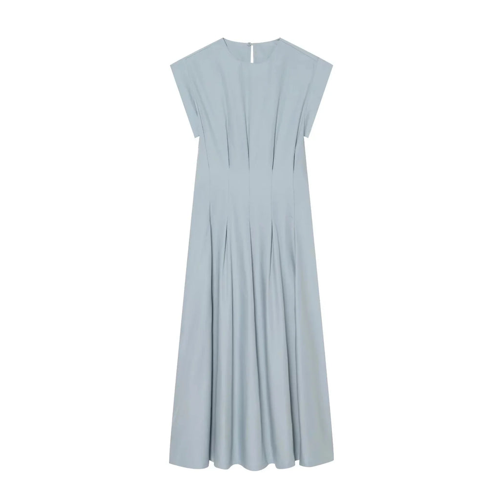 BSAY 2026 Minimalist Solid Color Long Dress Ladies Round Neck Cap Sleeve Waist Flowy A Line Maxi Dress Casual Vacation Sundress