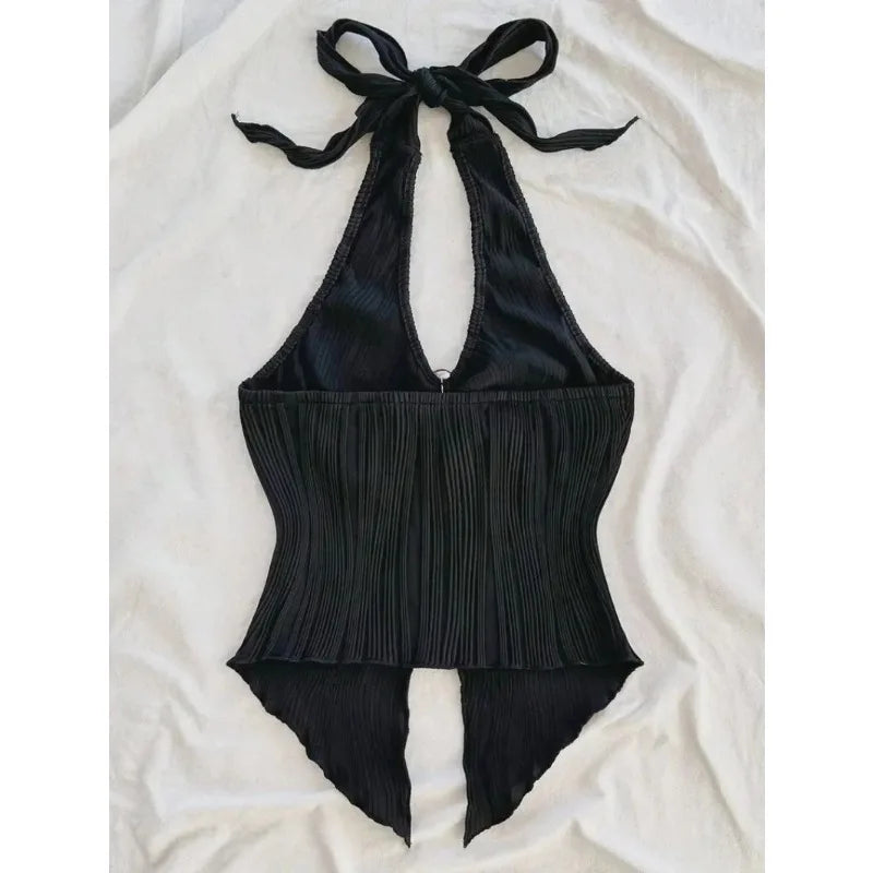 Summer for Women Sleeveless Top Clothes Solid Split Backless Women Sexy V-neck Halter Neck Crop Top