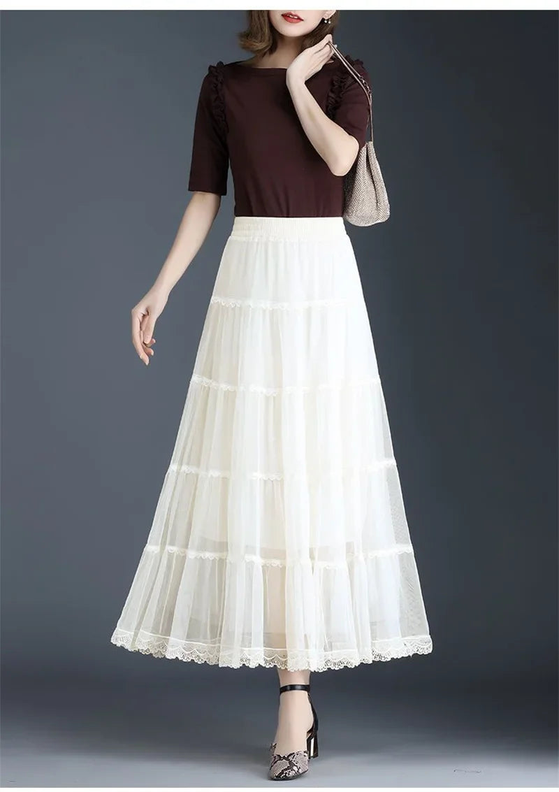 Pop Pop Long Tulle Skirt Women 2024 Spring Summer Elastic High Waist A-Line Mesh Pleated Puffy Skirt Female Elegant Lace Midi Sk