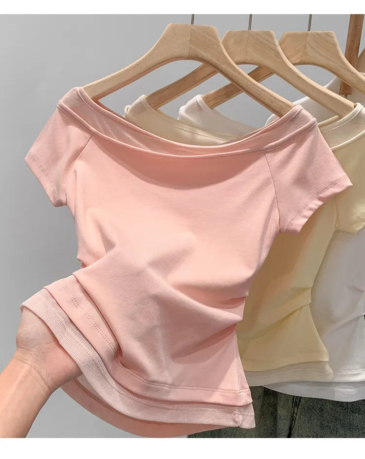 Unique Shoulder-Baring Pink Short-Sleeve T-Shirt Women's Summer New Style Korean Version Slim Fit Commute Style Cotton Material