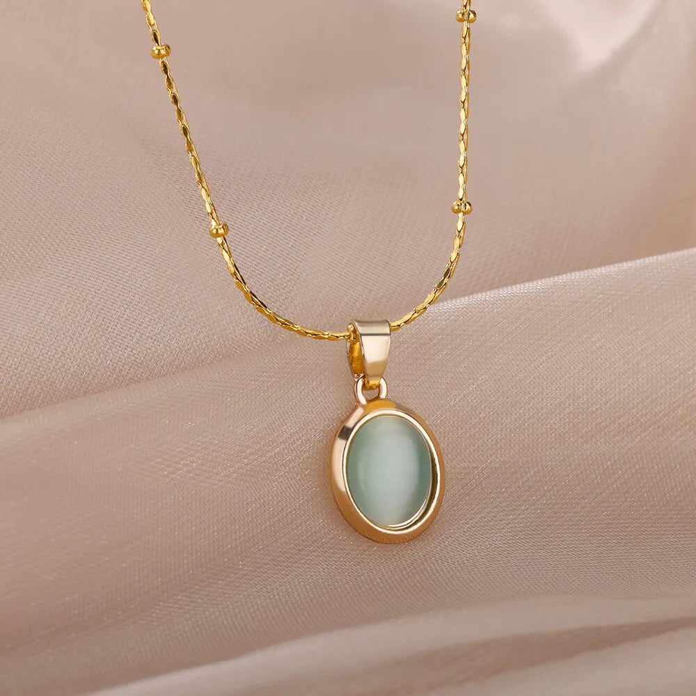 Fashion Stone Opal Oval Necklace For Women'S Stainless Steel Gold Color Oval Stone Pendant Necklace Wedding Aesthetic Jewelry
