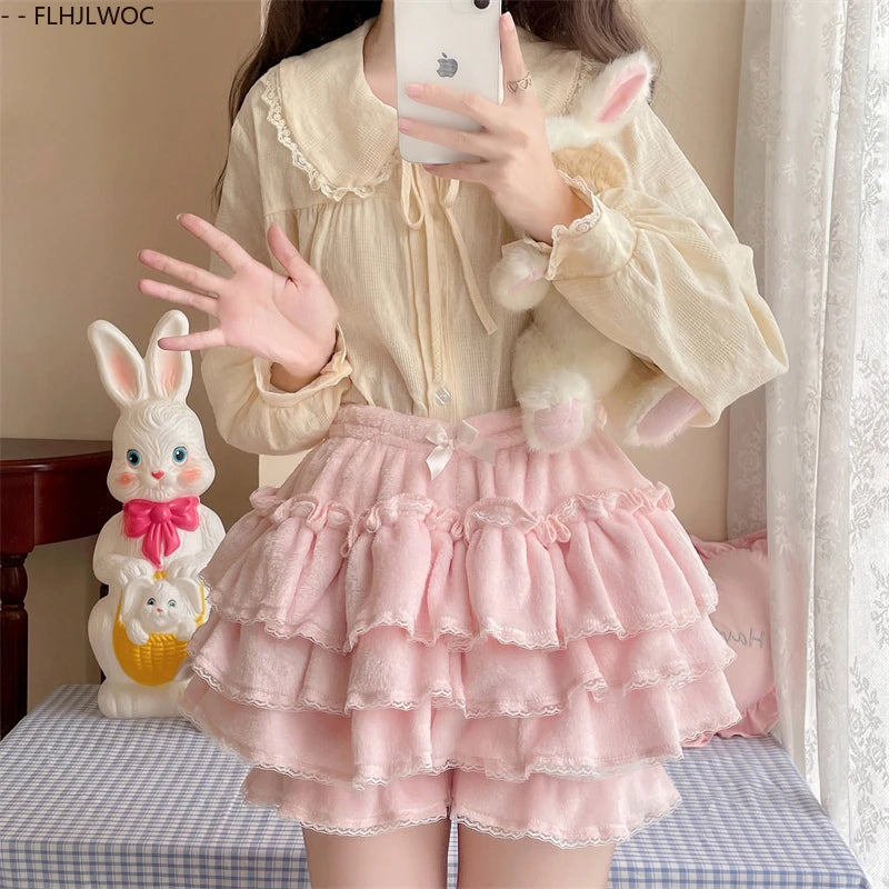 Autumn Velvet Bloomers Lolita Style Girls Cute Japan Sexy Lace Date Princess Pink Layer Puff Shorts Ruffles Lantern Small Pants