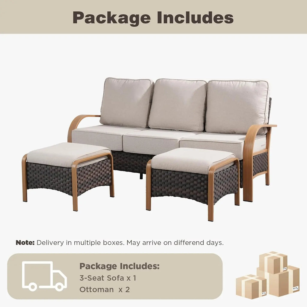 Wicker Patio Sofa Set with 6-Inch Cushions & Ottoman, All Weather 3 Seater Outdoor Furniture for Deck, Wood & Beige, Customized