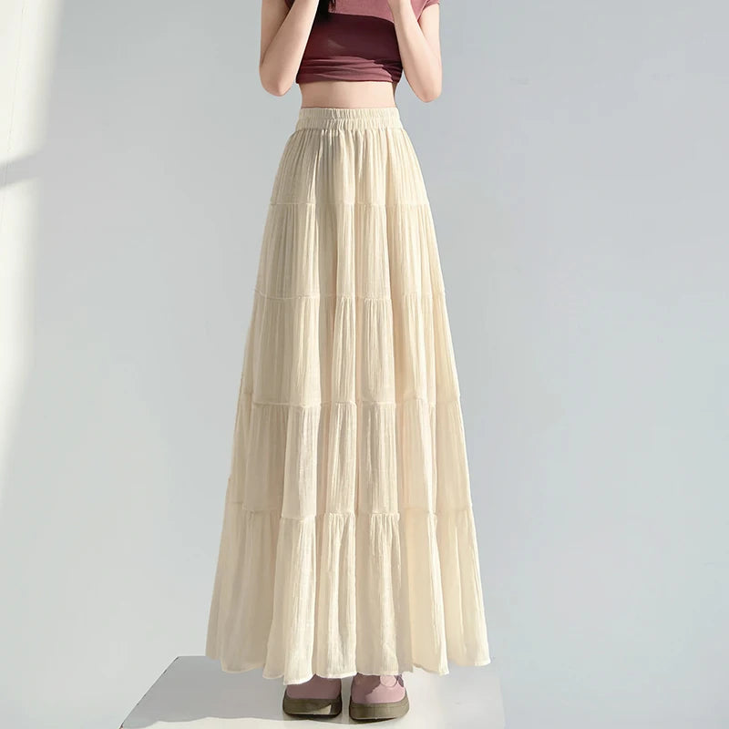 linen patchwork skirt for women in summer, high waist, medium length cake skirt, elegant umbrella skirt, slimming long skirt