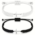 2 Pcs Stainless Steel Cross Braided Rope Couple Bracelets Black White Adjustable Woven Bracelet Gifts