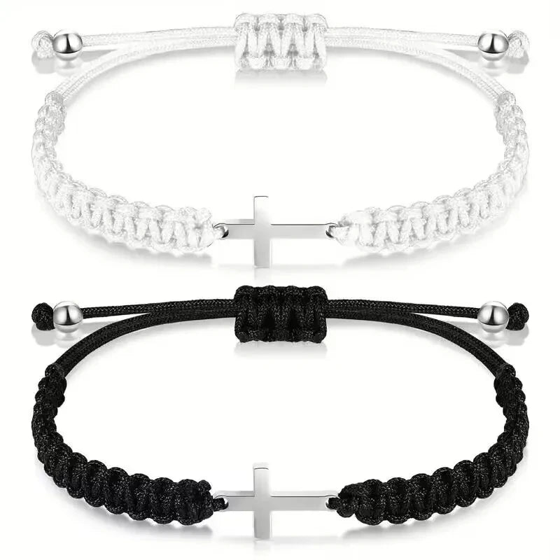 2 Pcs Stainless Steel Cross Braided Rope Couple Bracelets Black White Adjustable Woven Bracelet Gifts
