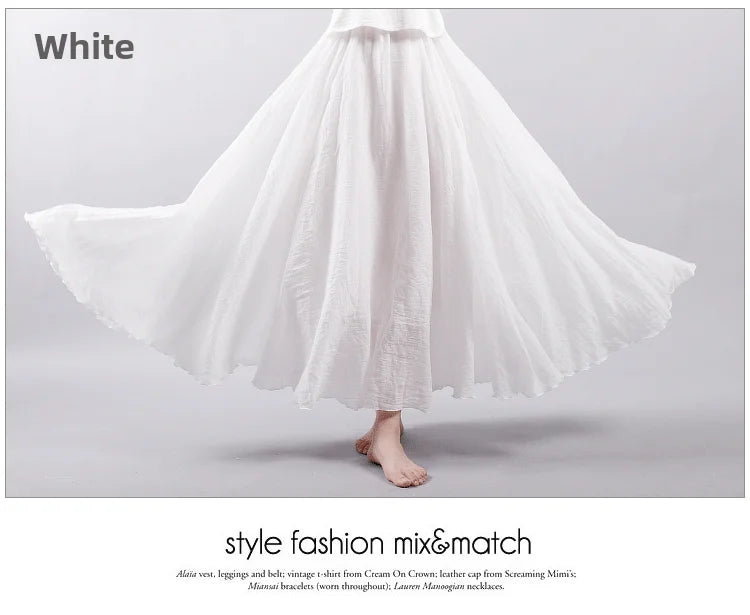 New In 2026 Spring Summer Woman Cotton Linen Midi Skirt Solid Color Loose Flared Pleated A-line Skirt Female Sweet Elegant Skirt