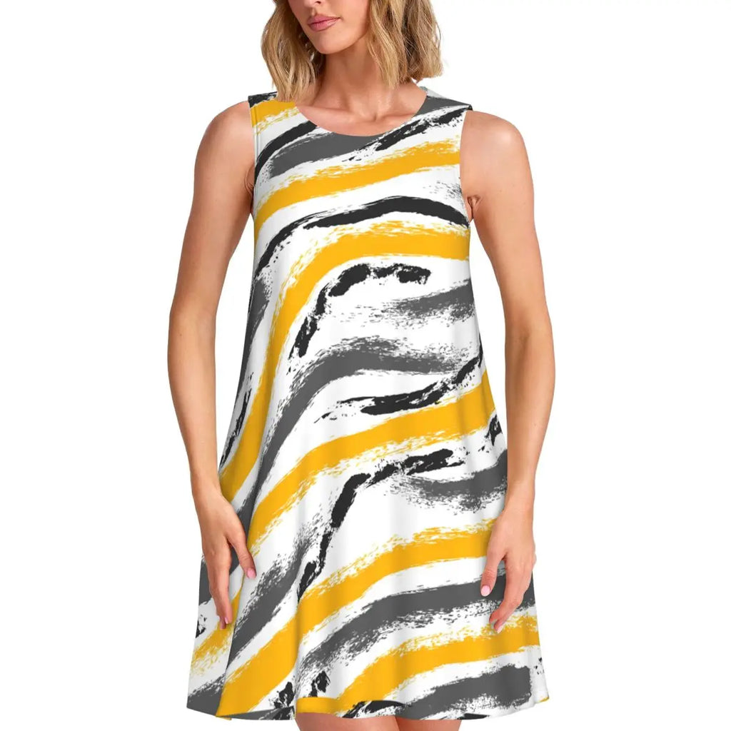 Gold Chains Print Casual Dress Anchor Korean Fashion Dresses Sleeveless Elegant Dress New Arrival Round Neck Lady Print Vestidos
