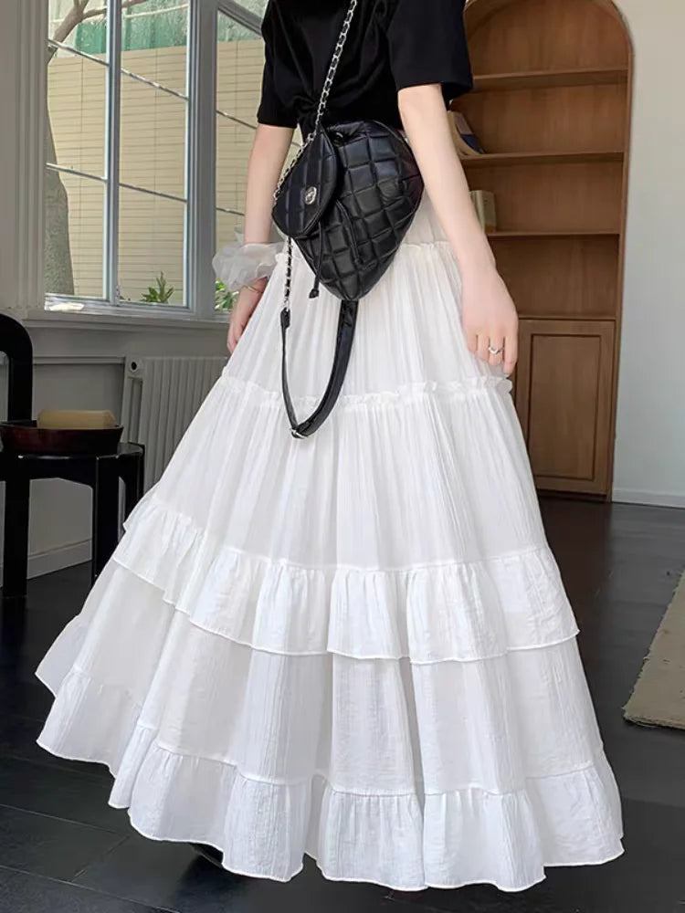 White Tiered Ruffle Hem Skirt 2025 - High Waist Flowy A-Line Maxi Skirt, Summer Chiffon Layered Skirt with Pleats