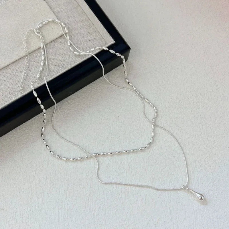 Water Drop Pendant Necklace for Women Double Collar Chain Fashion Fine Jewelry Gifts Long Layered Necklace Jewelry Accessories