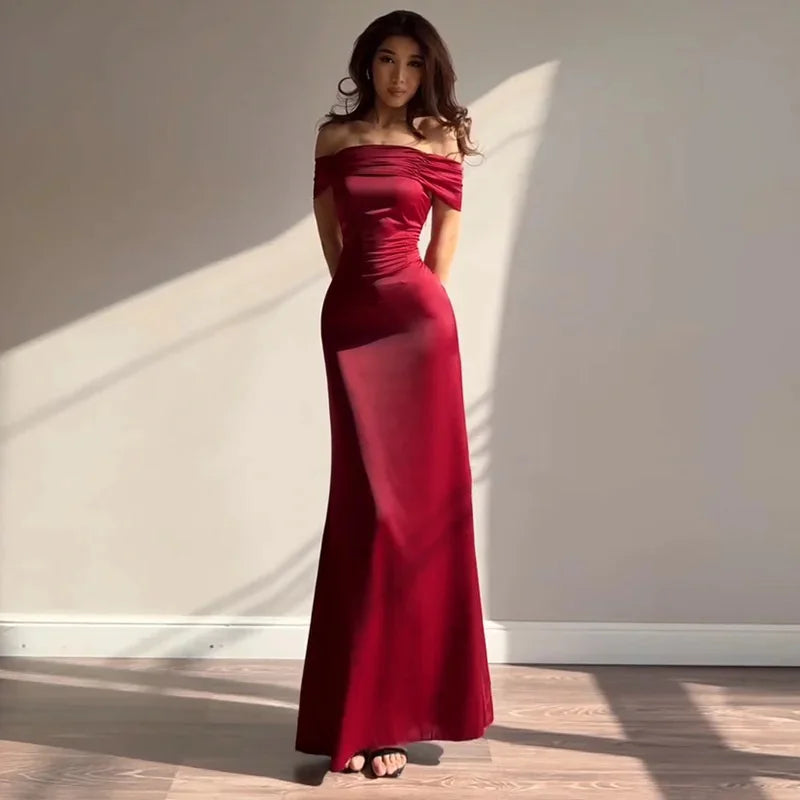 Off Shoulder Bodycon Long Dress Sexy Hip Hugging Party Evening Gown Mermaid Split Slim Club Cocktail Dress Women Red Elegant