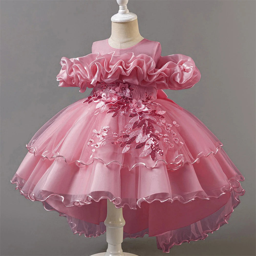 Fashion Pink Flower Girl Party Dresses Wedding Birthday Tulle Princess Dress for Kids Graduation Pageant Bridesmaid Kids Costume