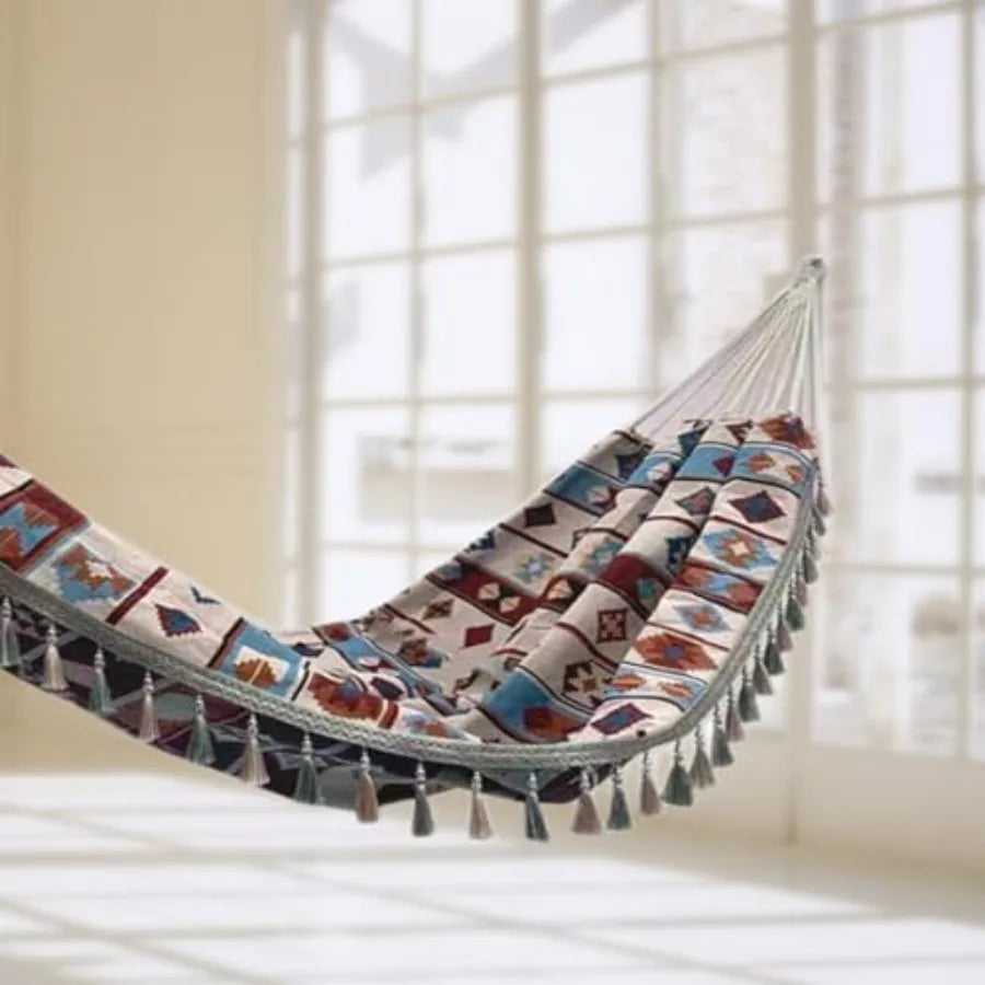 Double Boho Macrame Hammock with Tassels Portable 59''79'' Patio Hammock in Beige for Poolside Camping Porch Bedroom Balcony Ou