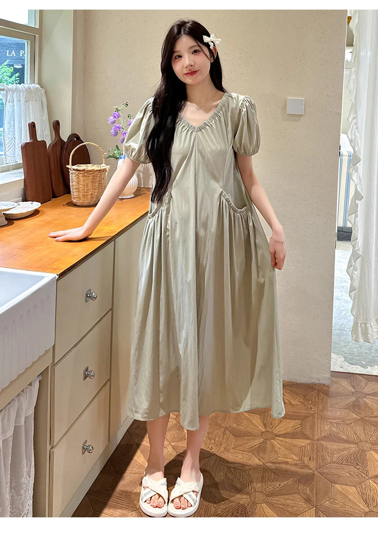 Korean Style Pregnant Woman Summer Dress with Pockets Puff Sleeve V-neck Maternity Pleated Dress