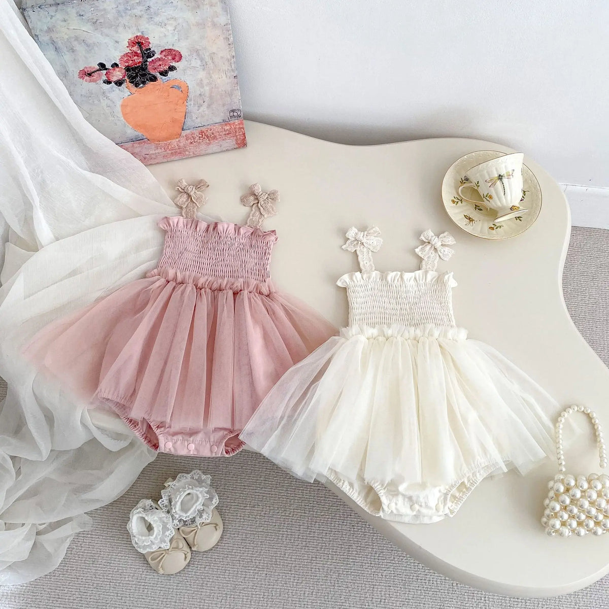 Baby Girl Summer New Bow Strap Bag Fart Clothes Baby Hundred Day Banquet One Year Old Princess Mesh Dress Gift Dress