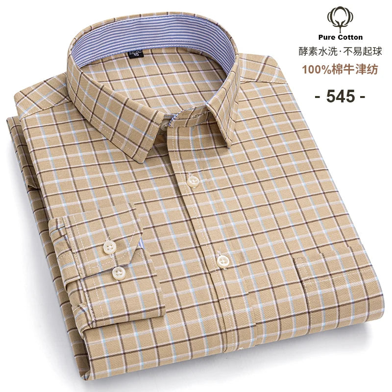 Men's Long Sleeve Plaid Oxford Shirt - 100% Cotton Button-Down