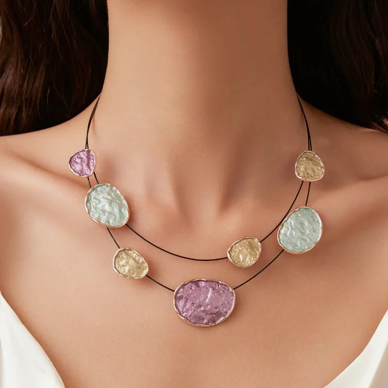Bohemian Irregular Enamel Necklace Rose Gold Plated Multicolored Disc Double-Layer Necklace Adjustable Chain Jewelry Gift
