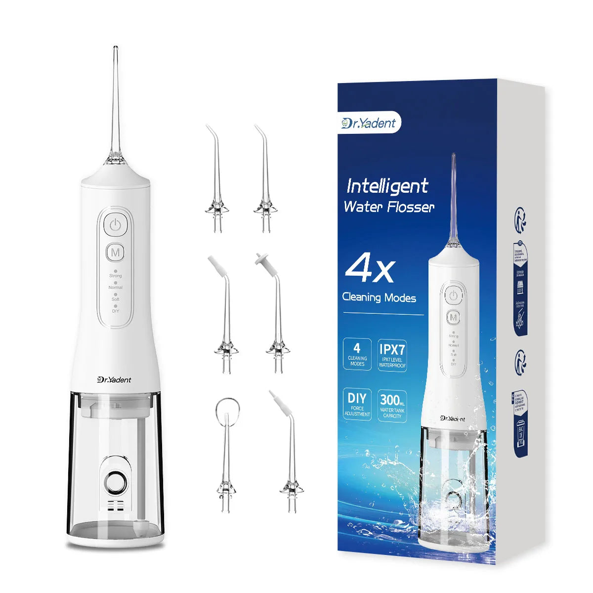 Dr.Yadent YD06 Irrigador Bucal Inalámbrico con Hilo Dental de Agua 300ML Chorro de Agua Portátil Carga Rápida USB-C 7 Boquillas 4 Modos IPX7 Impermeable