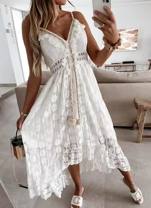 Ladies Dress A-line Lace Embroidery Design V-neck Sleeveless Mid Waist Slim Solid Color Simple Elegant Fresh Retro Sling Dress