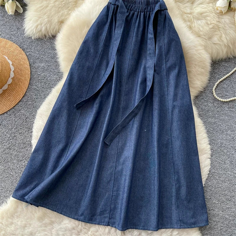 KAROFI Women Bow Tie Elastic Waist Denim Long Skirt Korean A Line Flowy Midi Jeans Skirt Casual Loose Vintage Blue Maxi Skirts