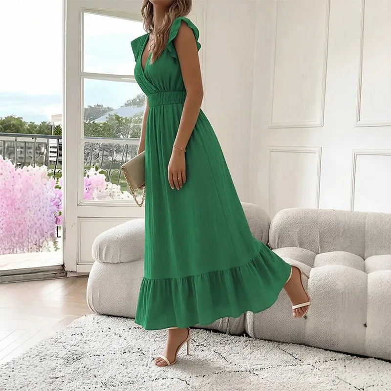Women's Fashionable Elegant and Casual Long Ruffled Sleeves and Elegant Commuting V-neck Solid Color Pleated Splicing Slim Dress