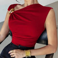 Women Solid Color Short Sleeved Top Summer Asymmetrical Slanted Collar Slimming Vest Elegant Comfortable And Breathable Vest