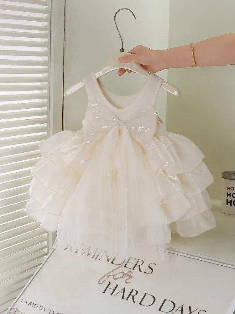Girls Dress Temperament Princess Dress Sleeveless 2026 Summer New Girls Sequin Sweet Bow Puff Mesh Dress