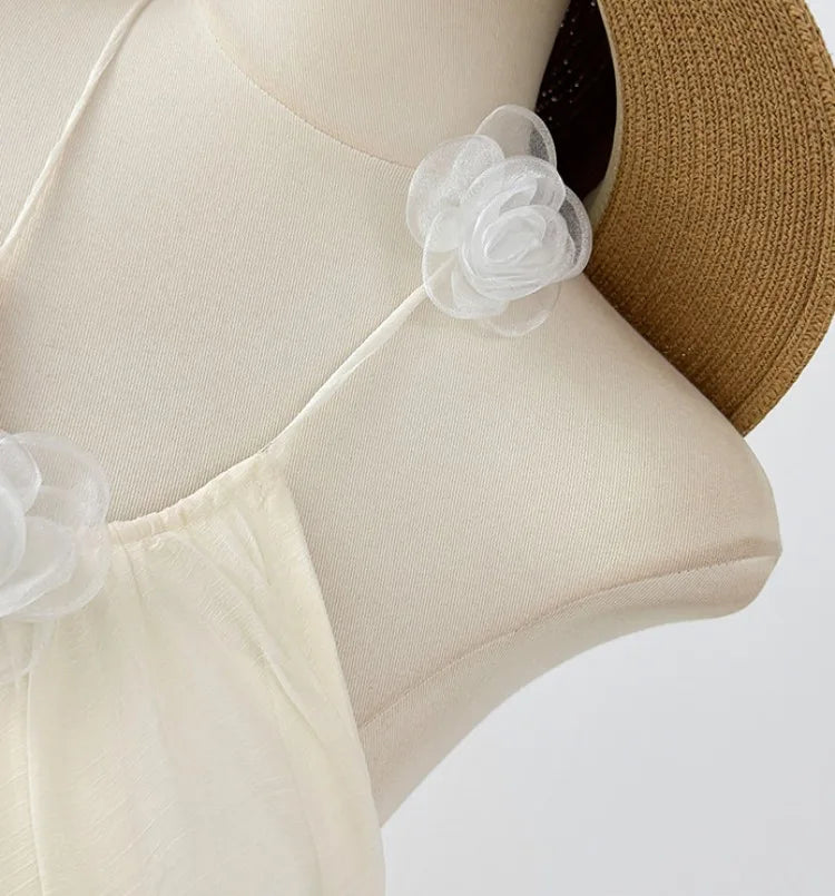 French style three-dimensional flower hanging neck lace-up dress women's summer vacation style sexy backless big swing skirt