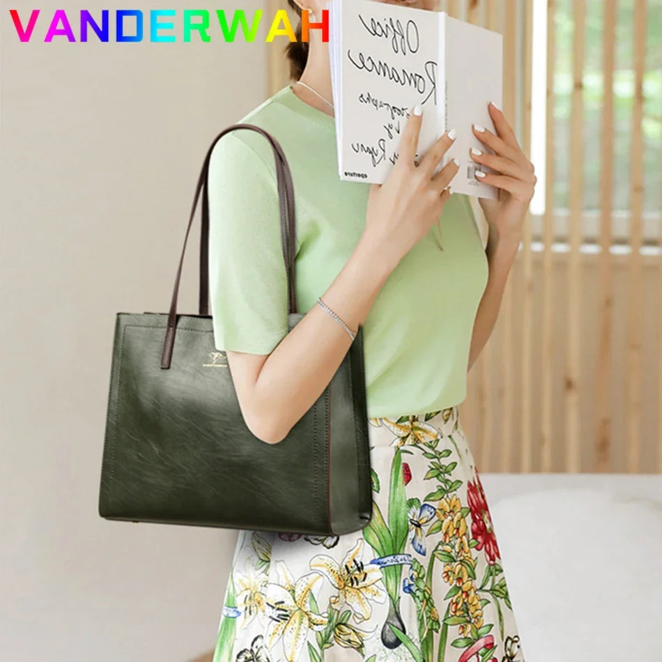 Vintage Large Capatity Tote Shoulder Bags Fashion Top-Handle Bags High Quality Leather Bags Casual Letter Design Handbag