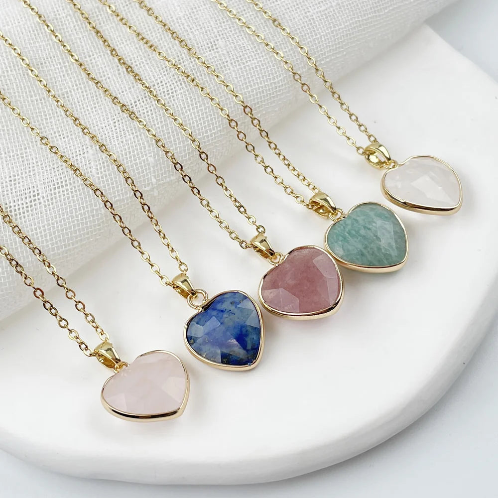 Natural Crystal Stone Heart Shaped Pendant Necklace For Women'S Stainless Steel Chain Strawberry Quartz Pendulum Choker Jewelry