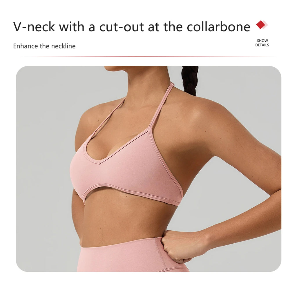 Women's Summer Halter Neck Padded Sports Yoga Bra Shock Absorption Support Backless Crop Top for Outdoor Running And Gym