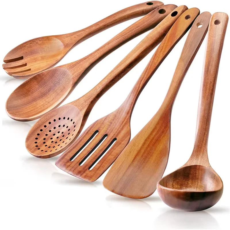 LMETJMA 10 Unidades de Utensilios de Cocina de Madera de Teca Natural, Juego de Cucharas y Espátulas de Madera para Cocinar y Hornear JT503