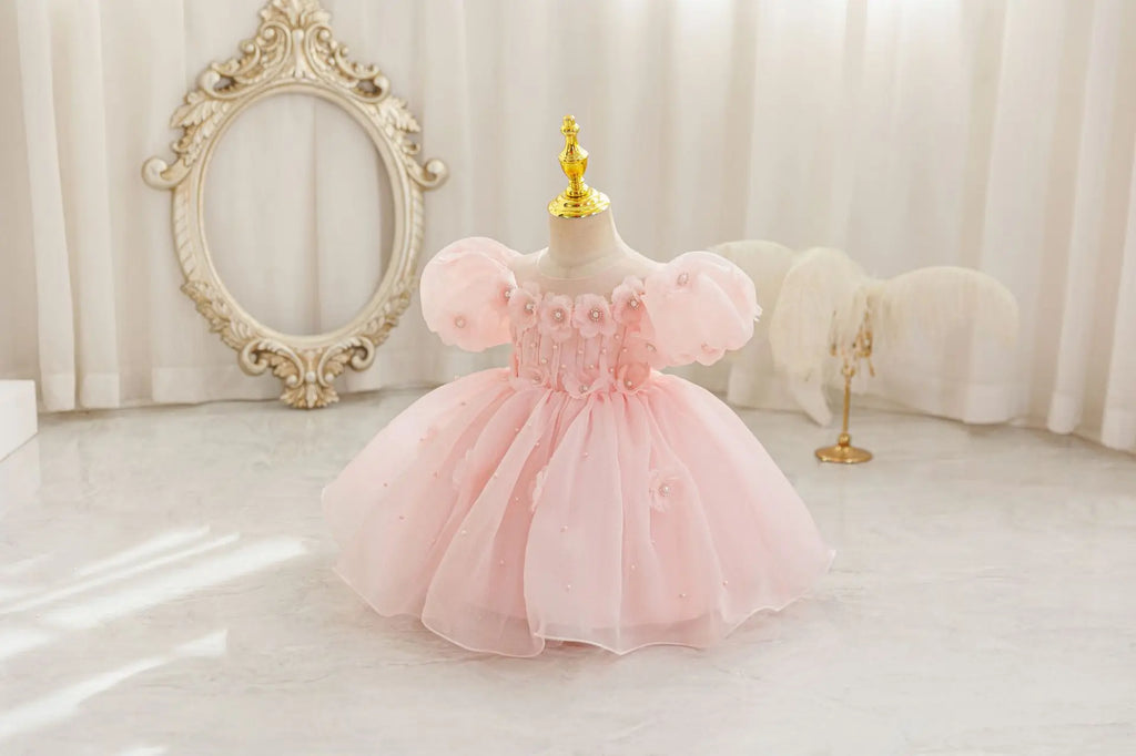 HETISO Summer Infant Baby Girl Dresses Flower Appliques Toddler Kids Birthday Party Princess Wedding Ball Gown