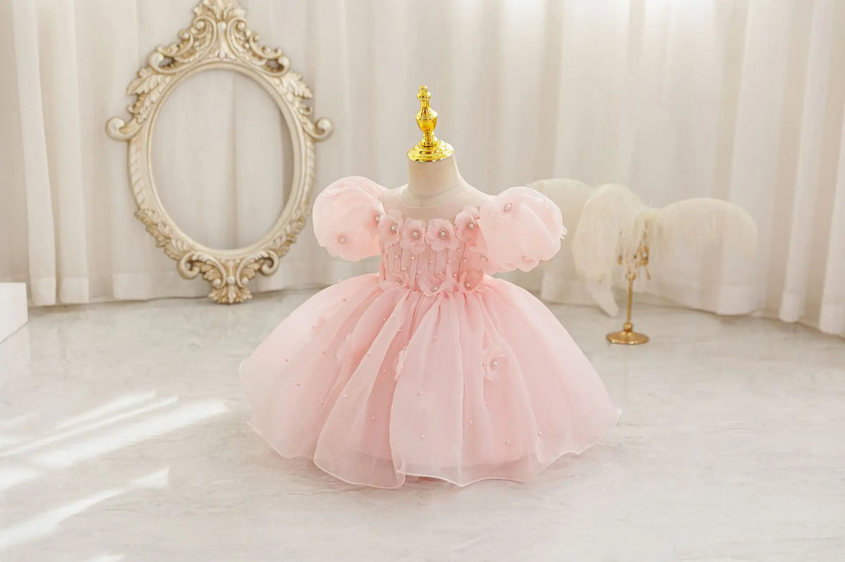 HETISO Summer Infant Baby Girl Dresses Flower Appliques Toddler Kids Birthday Party Princess Wedding Ball Gown