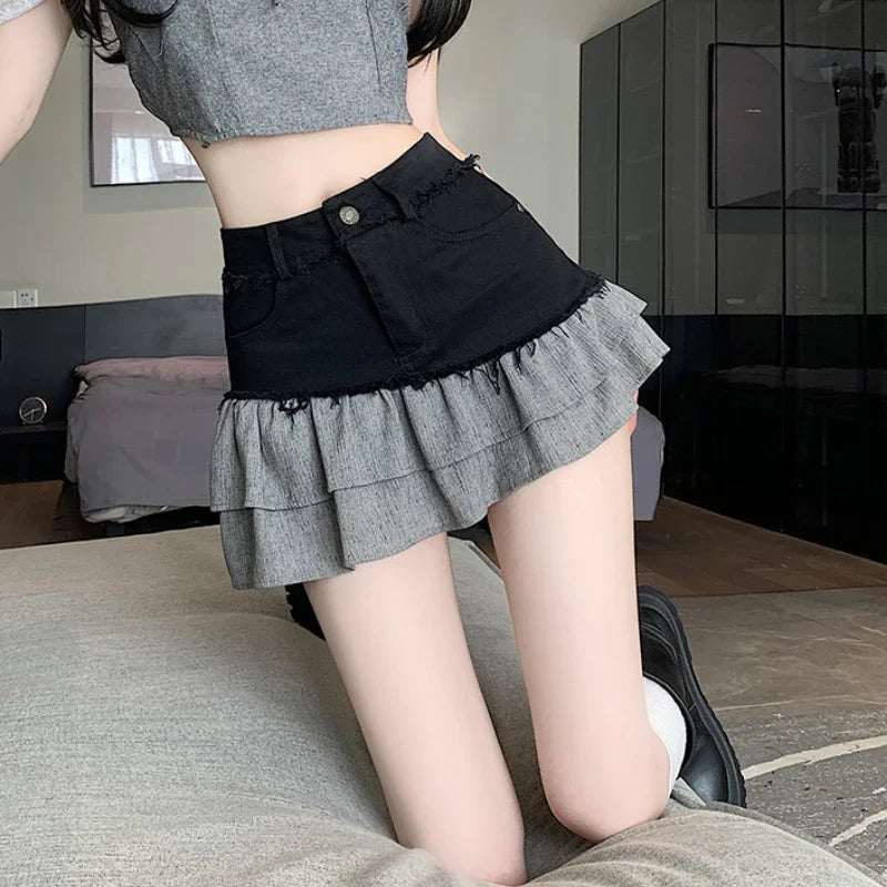 Fashion 2025 New Denim Patchwork Ruffle Denim Skirts Women Summer Retro High Waist Slim Skirts Woman